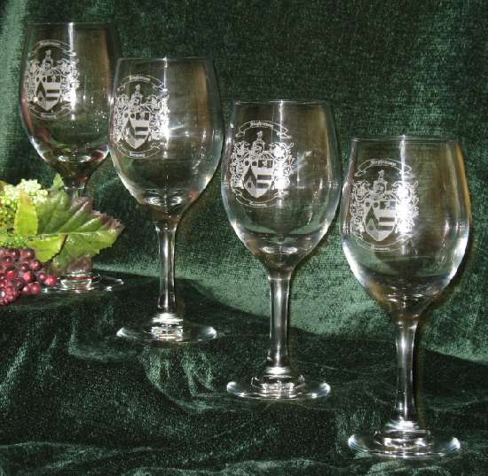 Etched Wine Glasses With Decorative Family Coat of Arms Picture