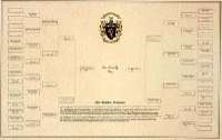 Drawing of family tree chart with family crest and surname origin.